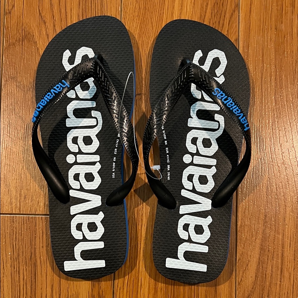 BNWOT, Unisex Havaianas Black Flip Flops with Blue and White Accents